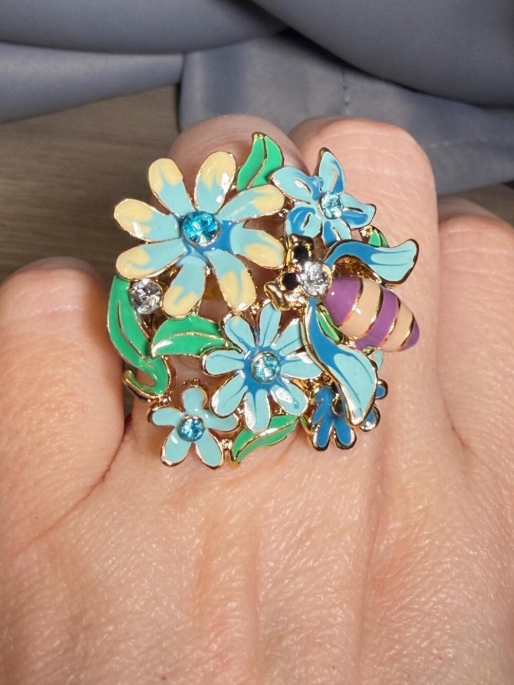 Floral Stretch Ring Turquoise Flowers Ladybug Cluster Statement Ring